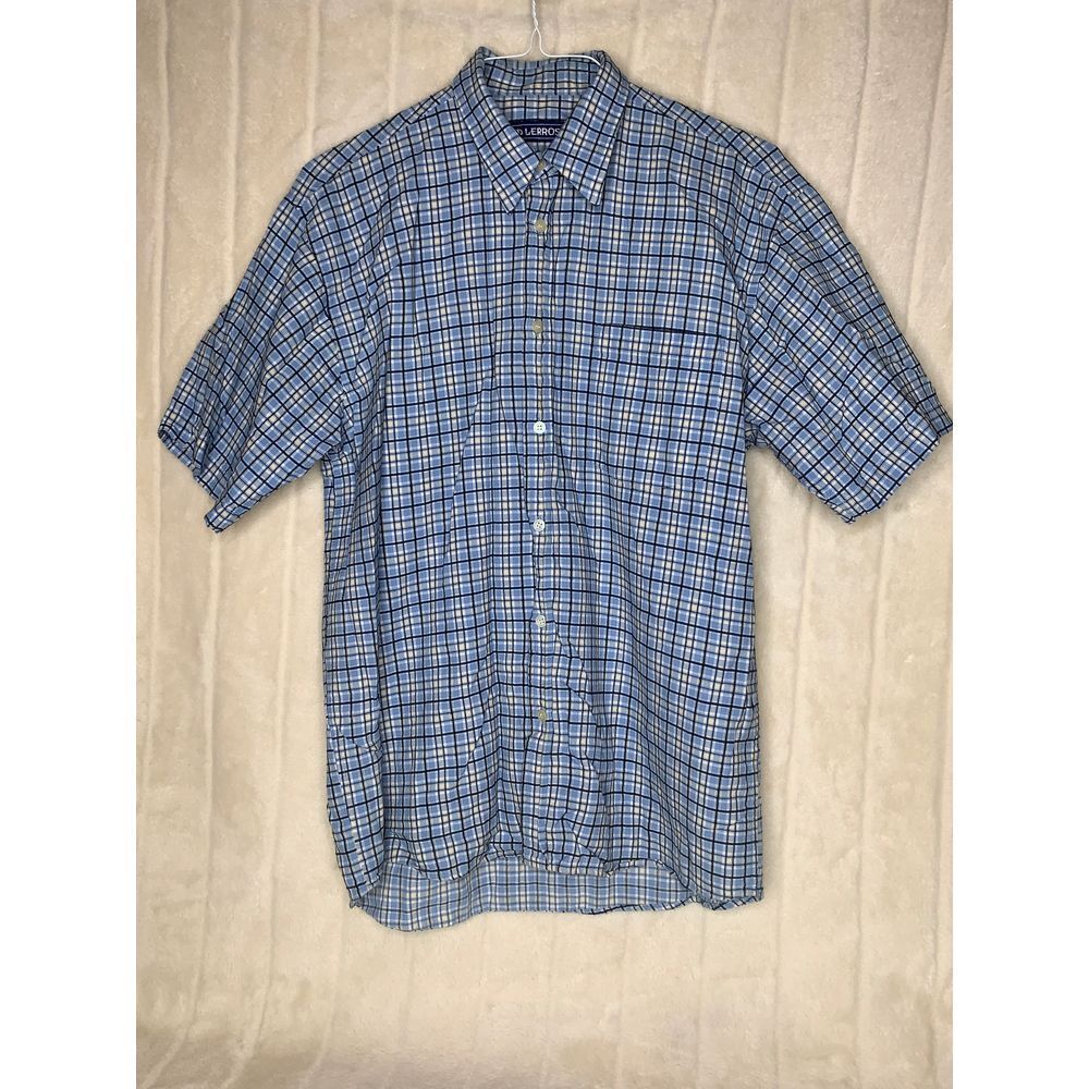 Lerros Shirt Mens L Blue Check Plaid Button‎ Down Short Sleeve 100% Cotton